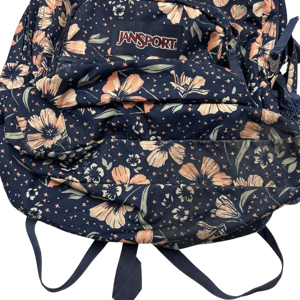 Jansport Navy & Pink Hibiscus Backpack Cross Town Student Bag Multiple Pockets